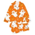 thumbnail image 1 of CAIVO Kids Girls Halloween Ghost Print Pajama Sets Lapel Long Sleeve Button Down Shirt With Pants 2 Piece Casual Home Pjs, 1 of 5