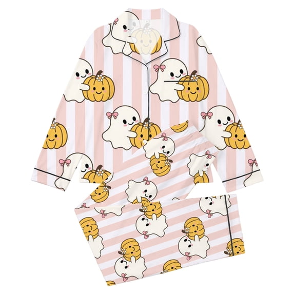 CAIVO Kids Girls Halloween Print Pajama Sets Lapel Long Sleeve Button Down Shirt With Pants 2 Piece Casual Home Homewear