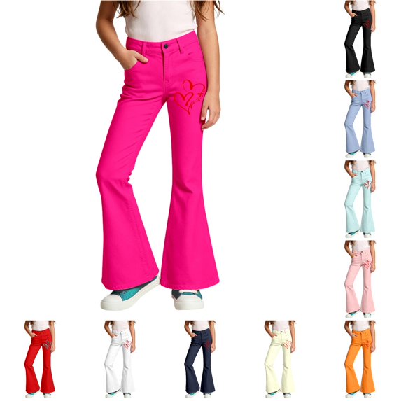 CAIVO Kids Girls Heart Print Flared Leg Pants High Rise Slim Fit Bell Bottom for School Weekend Leisure Trousers