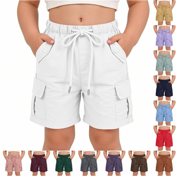 CAIVO Kids Girls Loose Fit Casual Shorts For Summer With Wide Leg Lightweight Solid Color Mid Length Design For Everyday Play And Activity Drawstring