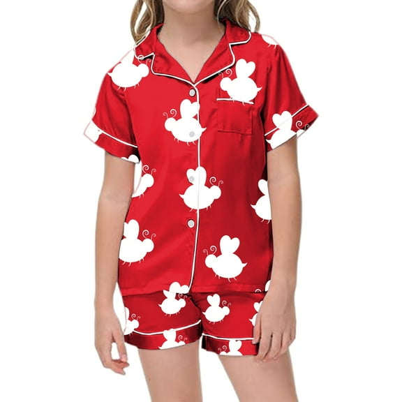 CAIVO Kids Girls Outfit Sets Bowknot Printed Button Down Lapel Short Sleeve Summer Shirt Tops + Shorts Sleep For Home And Nighttime Comfort Adorable Clothing Sets