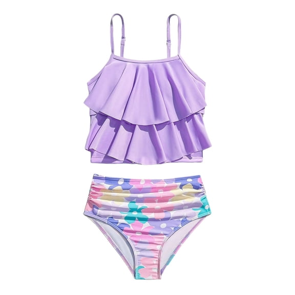 CAIVO Kids Girls Ruffle Bikini Swimsuit Two Piece With Floral Print Comfortable Stretch For Beach Pool Party Boho Summer Swimwear