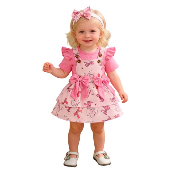 CAIVO Kids Girls Short Sleeve O-Neck Romper Bodysuit Cartoon Suspender Skirts Outfit Sets Lovely Clothes Sets