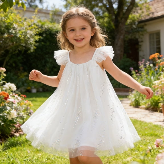 CAIVO Kids Girls Summer Dress With Flutter Sleeves And Layered Dress Daily Solid Color O-Neck Relaxed Fit Dresses