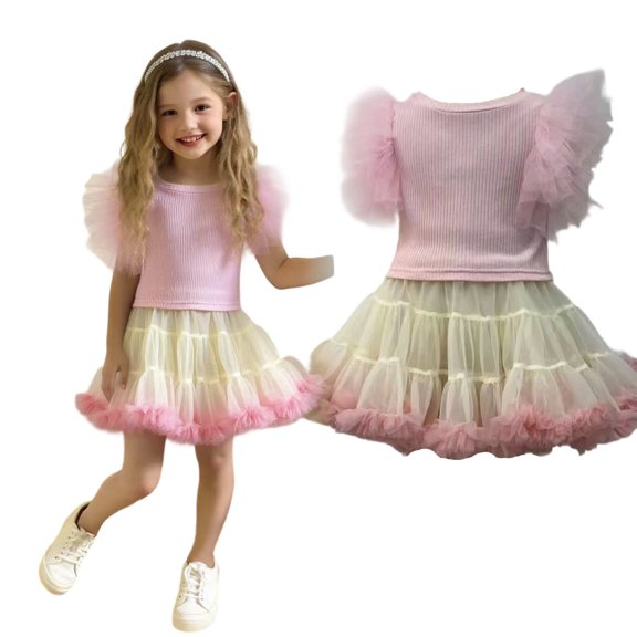 CAIVO Kids Girls Summer Outfit Sets Dress With Mesh O-Neck Sleeveless Tops And Skirt Two Piece Toddler For Classic Clothes Sets