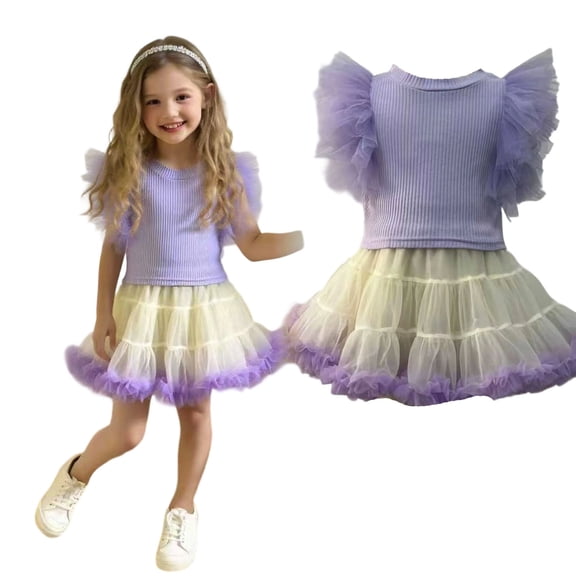 CAIVO Kids Girls Summer Outfit Sets Dress With Mesh O-Neck Sleeveless Tops And Skirt Two Piece Toddler For Lovely Clothes Sets