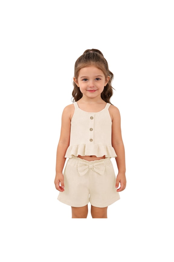 Kids Girls Summer Outfit Sets Soft O-Neck Tank Tops Bowknot Shorts Toddler Two Piece Cool Comfortable Casual Playwear Boho Clothing Sets