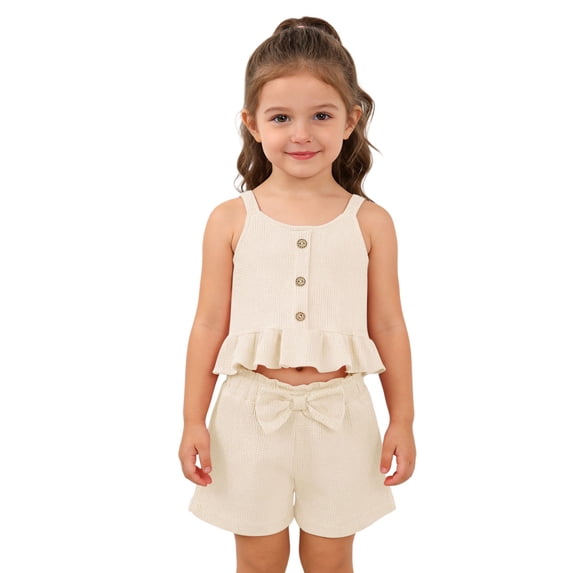 CAIVO Kids Girls Summer Outfit Sets Soft O-Neck Tank Tops Bowknot Shorts Toddler Two Piece Cool Comfortable Casual Playwear Comfort Clothing Sets