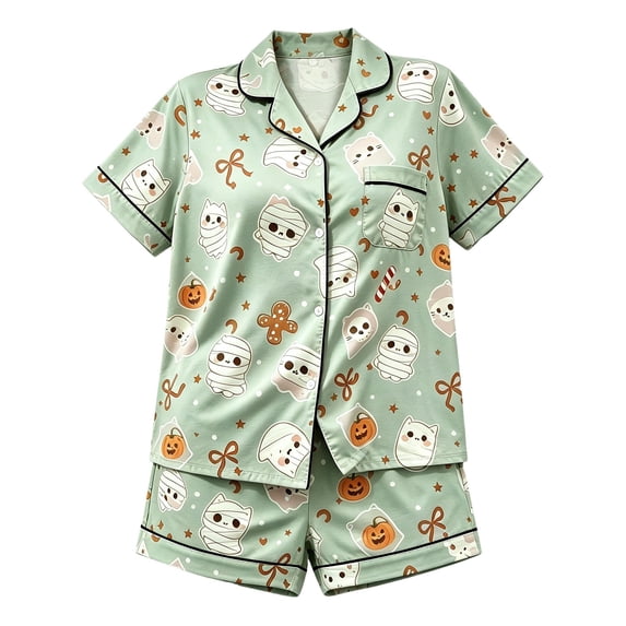 CAIVO Kids Halloween Girls Autumn 2 Piece Pajama Sets Short Sleeve Lapel Button Down Shirts Tops With Shorts Casual Home Wear Sleepwear