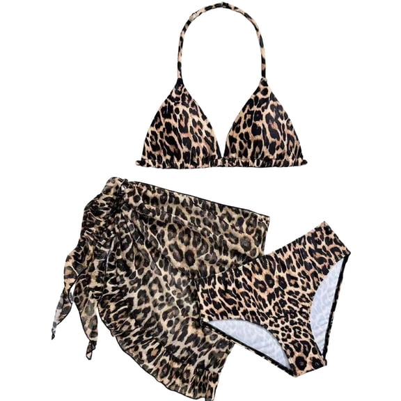 CAIVO Kids Leopard Print Bikini Two Piece Swimwear Summer For Big Girls Stylish Ruffle Tops And High Waist Bottom Fashionable Swimsuit Sets
