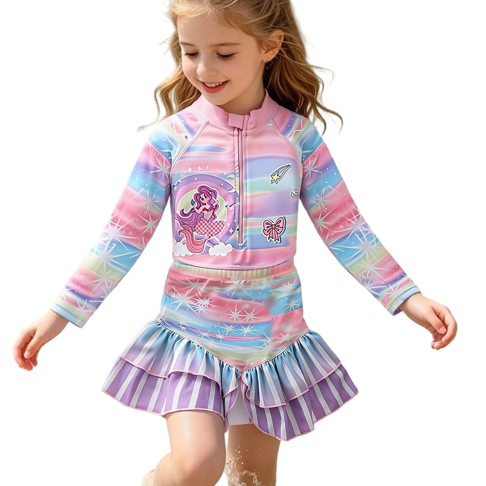 CAIVO Kids Long Sleeve Sun Protective Swimsuit With Detachable Tail For ...