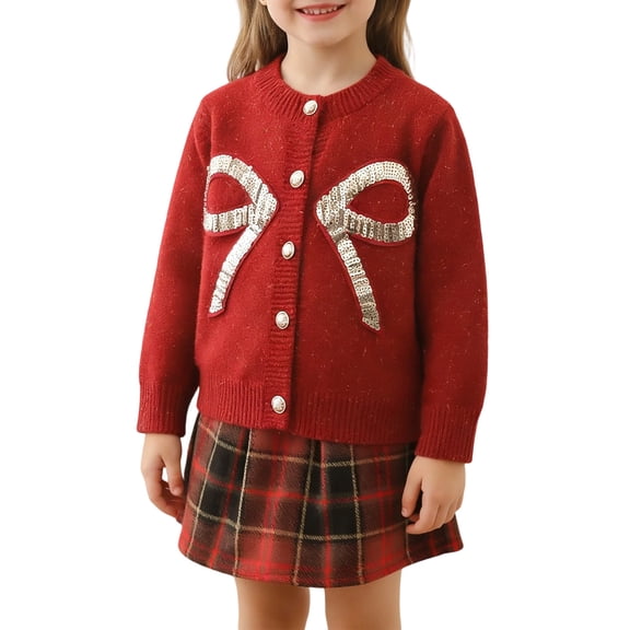 CAIVO Kids Outfit Sets Girls Cardigan Long Sleeve O-Neck Sweater Bow Sequin Plaid Skirt Boho Clothes Sets