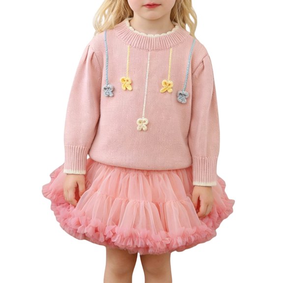 CAIVO Kids Outfit Sets Girls Long Sleeve O-Neck Sweater Protruding Skirt Handmade Floral Puffy Skirt Knitted Classic Clothes Sets