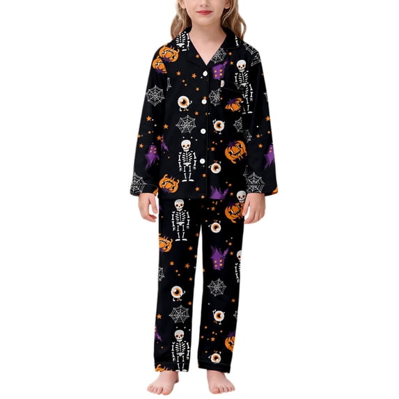 CAIVO Kids Pajama Sets Girls Halloween Print Long Sleeve Lapel Button Down Shirts Blouse Tops With Pants Cozy 2 Piece Nightwear Sleepwear With Soft For Pjs