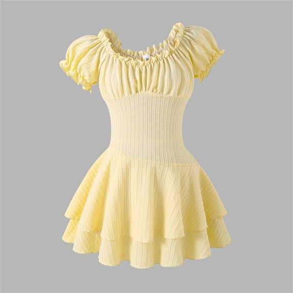 CAIVO Kids Style Girls Summer Dress Short Sleeve Ruffle Off Shoulder Sleeve Slim Fit Party Casual Dresses O-Neck Trendy Sundress
