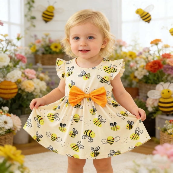 CAIVO Kids Summer Girls Dress With Adorable Bee Print And Bow Detail Cute Party Dress For Toddler Baby O-Neck Fly Sleeve Versatile Dresses