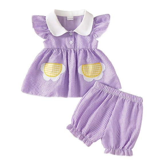 CAIVO Kids Summer Toddler Girls Fly Sleeve O-Neck T Shirt Tops Striped Shorts Outfit Sets Breathable Clothing Sets