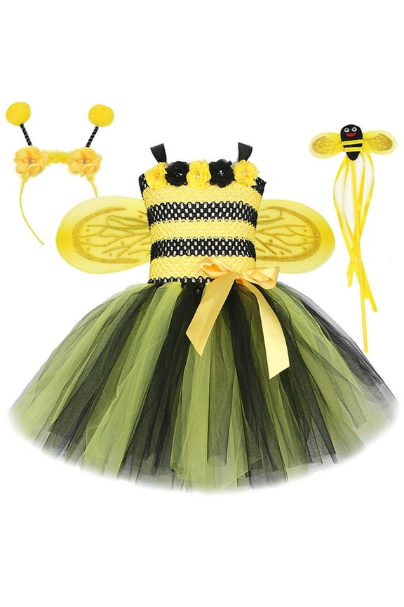 Kids Toddler Baby Girls Summer Fall Floral Bee Fancy Dress Halloween Hallowmas Carnival Accessory Sets Tutu Princess Dress Soft Child Daily Wear