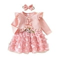 thumbnail image 1 of CAIVO Kids Toddler Girl Floral Mesh Dress With Detachable Bow Headband And Matching Jacket Fall Seasonal Outfit Sets Versatile Clothes Sets, 1 of 8