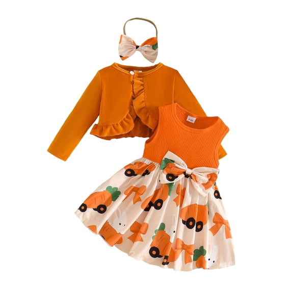 CAIVO Kids Toddler Girls Easter Rabbit Prints O-Neck Dress Long Sleeve Ruffles Coat Tops Headbands Outfit Sets Boho Clothes Sets