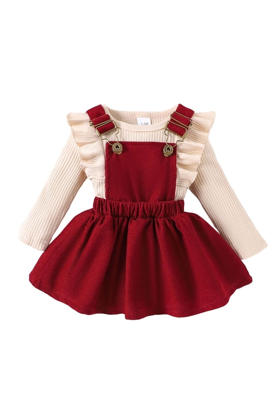 Kids Toddler Girls Ribbed Long Sleeve O-Neck Pinafore Dress Bodysuit Two Piece Cute Style Outfits Baby Daughter Stylish Christmas Clothing Sets