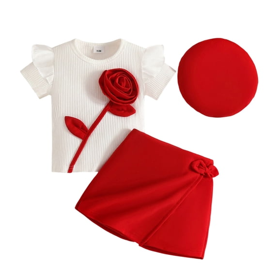 CAIVO Kids Toddler Girls Short Sleeve O-Neck Floral Tops T Shirt Skirts Shorts Hat Outfit Sets Classic Clothing Sets
