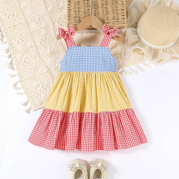 CAIVO Kids Toddler Girls Sleeveless Patchwork Plaid Dresses Square Collar Party Dance Dress Birthday Sundress
