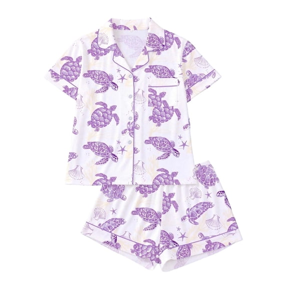 CAIVO Kids Tortoise Printed Lapel Short Sleeve Tops And Shorts Girls Comfortable Home 2 Piece Pajama Set For Sleep