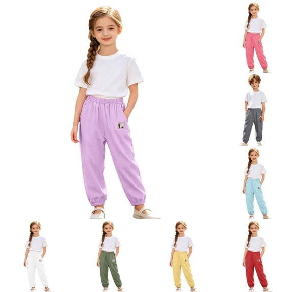 CAIVO Lightweight Girls Summer Pants With Pockets For Breathable Soft Kids Trousers For Outdoor Play Lovely Solid Color Bottoms