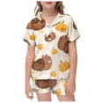 thumbnail image 1 of CAIVO Little Baby Girls Boys 2 Piece Pajama Sets Thanksgiving Turkey Pumpkin Satin Imitation Silk Kids Short Sleeve Lapel Button Down Shirts Tops With Shorts Classic Loungewear Set Pyjamas, 1 of 4