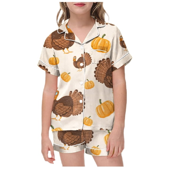 CAIVO Little Baby Girls Boys 2 Piece Pajama Sets Thanksgiving Turkey Pumpkin Satin Imitation Silk Kids Short Sleeve Lapel Button Down Shirts Tops With Shorts Classic Loungewear Set Pyjamas