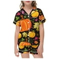 thumbnail image 1 of CAIVO Little Baby Girls Boys 2 Piece Pajama Sets Thanksgiving Turkey Pumpkin Satin Imitation Silk Kids Short Sleeve Lapel Button Down Shirts Tops With Shorts Classic Loungewear Sleepwear, 1 of 4