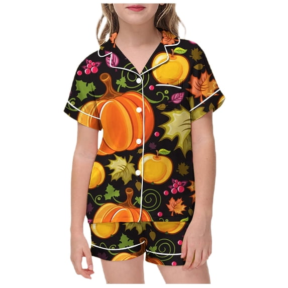 CAIVO Little Baby Girls Boys 2 Piece Pajama Sets Thanksgiving Turkey Pumpkin Satin Imitation Silk Kids Short Sleeve Lapel Button Down Shirts Tops With Shorts Classic Loungewear Sleepwear