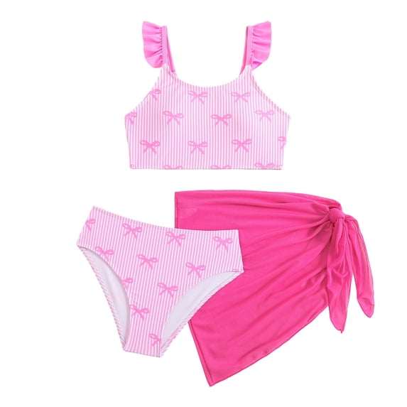 CAIVO Little Girls Swimsuit Two Piece Tankini Sets Bow Print Scoop Neck Sleeveless Ruffle Top And Shorts With Mesh Coverup Skirt Kids Beach Bathing Suit