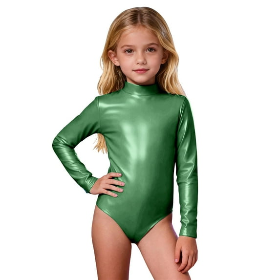 CAIVO Long Sleeve Girls Romper Jumpsuit High Neck Back Zip Leotard Solid Color Performance Dance Gymnastics Unitard Stage Show Onesie For Kids Toddler Lovely Bodysuits One-Pieces