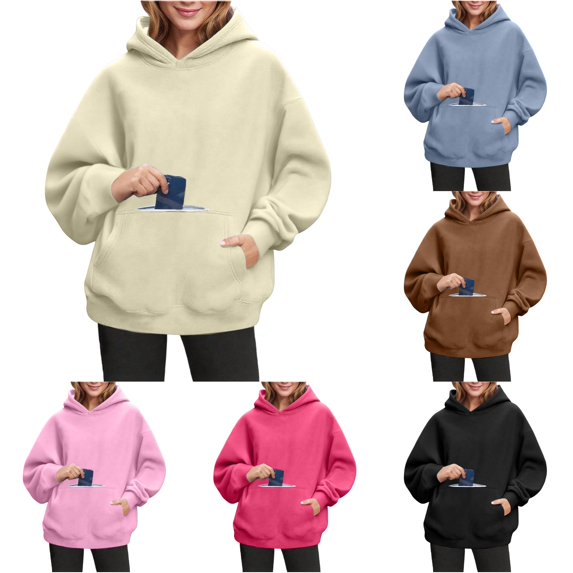 CAIVO Long Sleeve Hoodies For Women Cozy Relaxed Fit Hooded Sweatshirt With Front Pockets Casual Winter Pullover Solid Color Cold Weather Tops