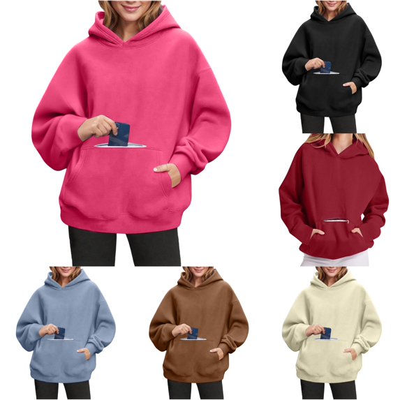 CAIVO Long Sleeve Hoodies For Women Cozy Relaxed Fit Hooded Sweatshirt With Front Pockets Casual Winter Pullover Solid Color Cold Weather Tops