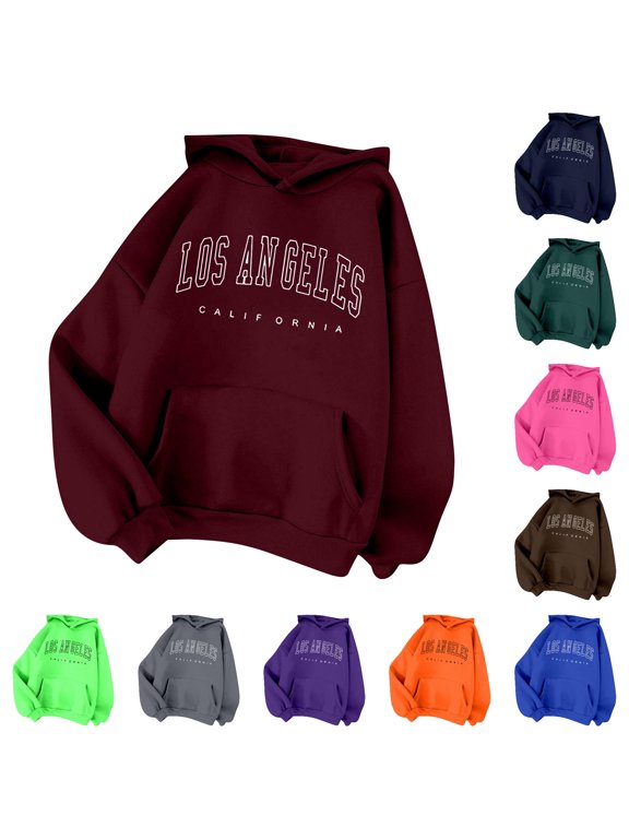 Long Sleeve Hoodies For Women Oversized Los Angeles California Letter Print Hoodie With Pocket Casual Pullover Sweatshirt Workout Tops