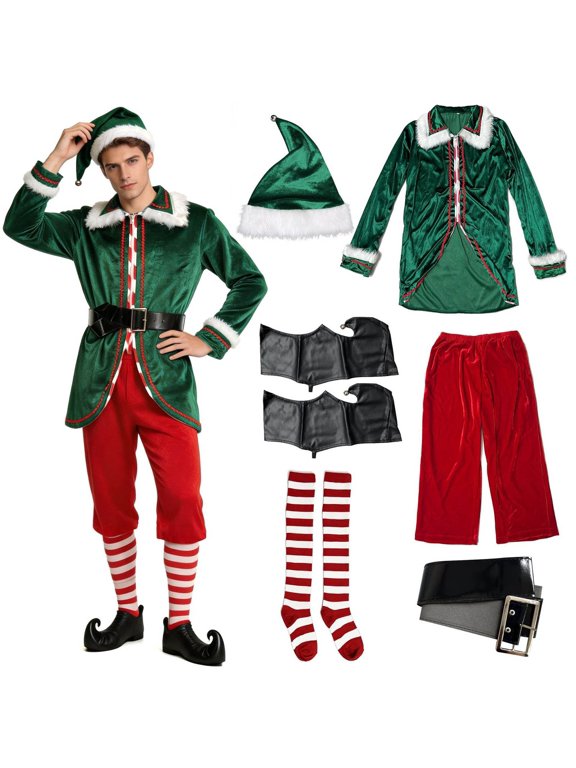 Men Christmas Elf Costume Set, Adult Velvet Elf Outfit with Hat Belt Socks Shoes for Holiday Cosplay Party