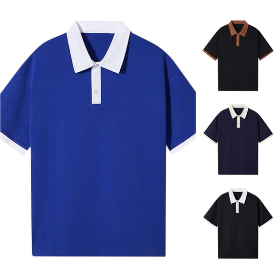 CAIVO Men Polo Shirts Cotton Loose Short Sleeve Lapel Shirt Patchwork Classic Fit Golf Tops For Vacation , L