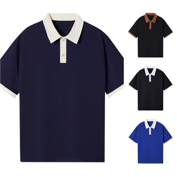 CAIVO Men Polo Shirts Cotton Loose Short Sleeve Lapel Shirt Patchwork Classic Fit Golf Tops Stretchy , S