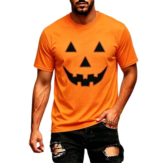 CAIVO Men T-Shirt Halloween Pumpkin Face Printed T Shirts Casual Short Sleeve Crew Neck Novelty Graphic Tee