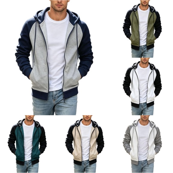 CAIVO Men Versatile Patchwork Hoodie Long Sleeve Classic Pullover Sweatshirt With Front Pouch Pocket And Cozy Zipper Versatile Tops