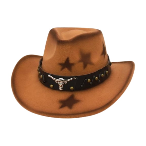 CAIVO Men Western Cowboy Hat With Studded Bull Head Design And Star Pattern For Fashionable Cowboy Hat With Heart Caps Boho Wear