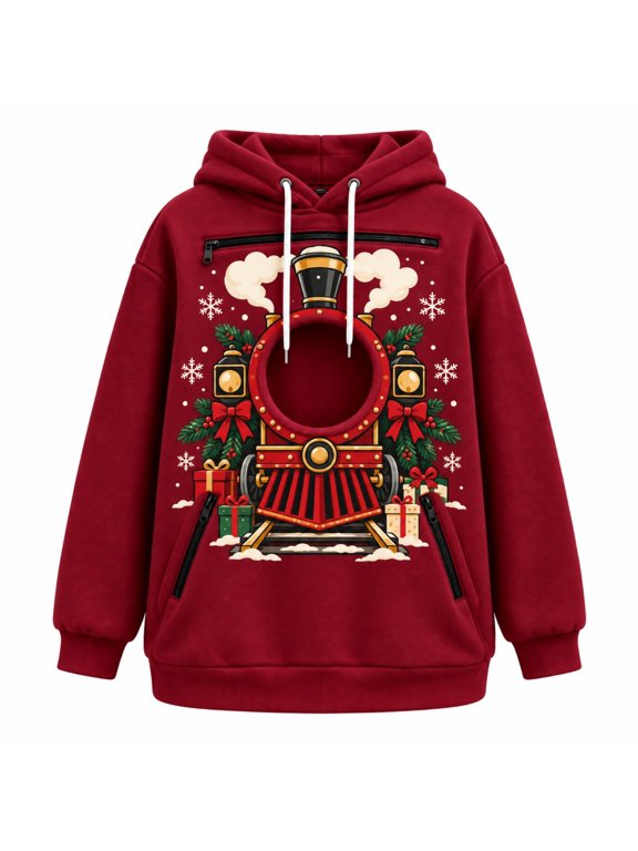 Men Women Unisex Christmas Pet Pouch Hoodie Sweatshirt with Pocket for Dogs Cats With Zipper Pockets For Holiday Party Tops