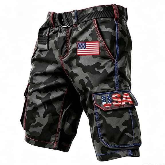 CAIVO Men's Independence Day Cargo Shorts Plus Size Patriotic Camouflage And American Flag Print Casual Knee Length Male Comfortable Everyday Bottoms With Pockets