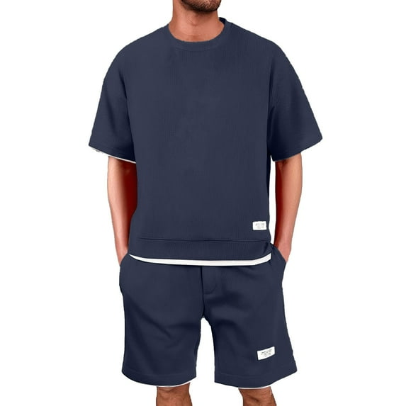 CAIVO Men's Short Sleeve T-Shirts Shorts Suits Casual Outfits Loosely Fit Summer Attire With Layering Design For Everyday Wear And Relaxed Style Solid Color Soft Dailywear