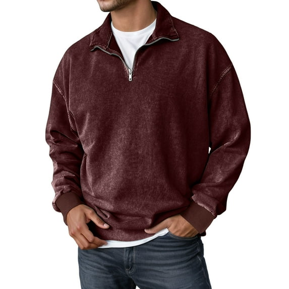 CAIVO Men's Washed Long Sleeve Lapel V-Neck Zipper Sweatshirt Long Sleeve Relaxed Fit Drop Shoulder Casual Pullover Tops Comfortable Breathable Soft Fabric Cozy Wear