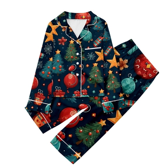 CAIVO Pajama Sets Children Christmas Print Lapel Long Sleeve Button Down Shirt With Pants Pyjamas 2 Piece Sleepwear