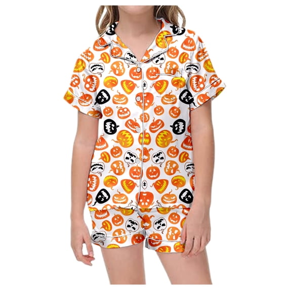 CAIVO Pajama Sets Girls Halloween Lapel Short Sleeve Button Down Shirt With Shorts 2 Piece Loungewear For Kids Sleepwear